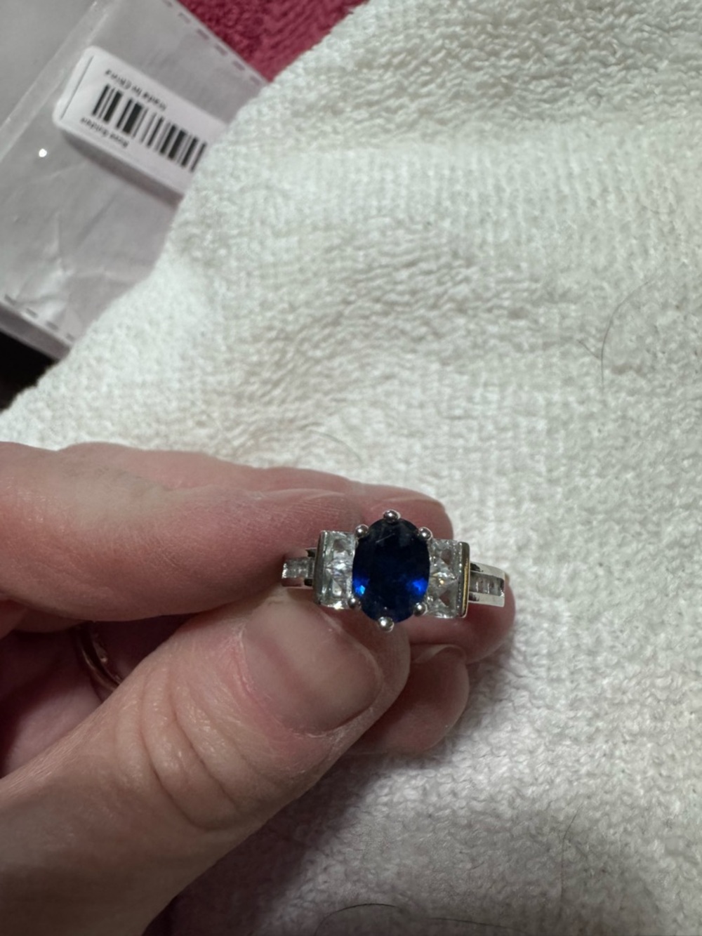 Silver Tone Blue Sapphire-Color Oval Ring with Clear Accent Stones